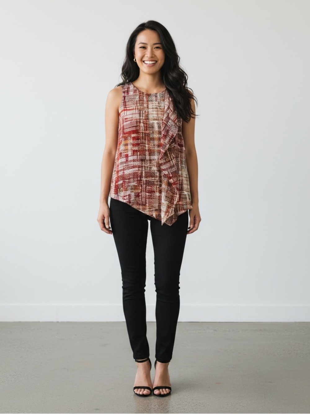 White House Black Market Red Ruffle Printed Sleeveless Tunic Top Small